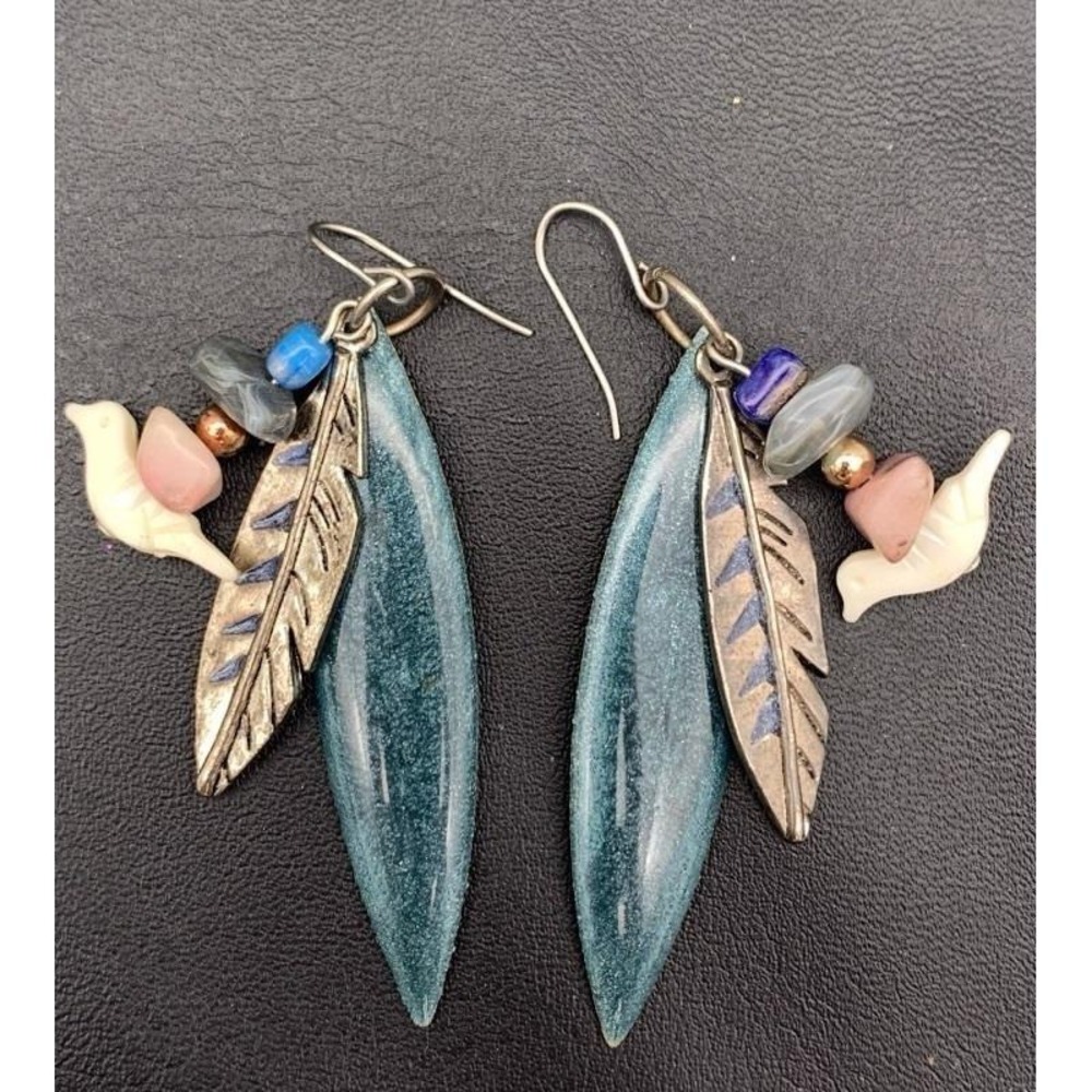 Vintage Edgar Berebi Silver Tone & Blue Enamel Feather Earrings W Fetish‎ Bird